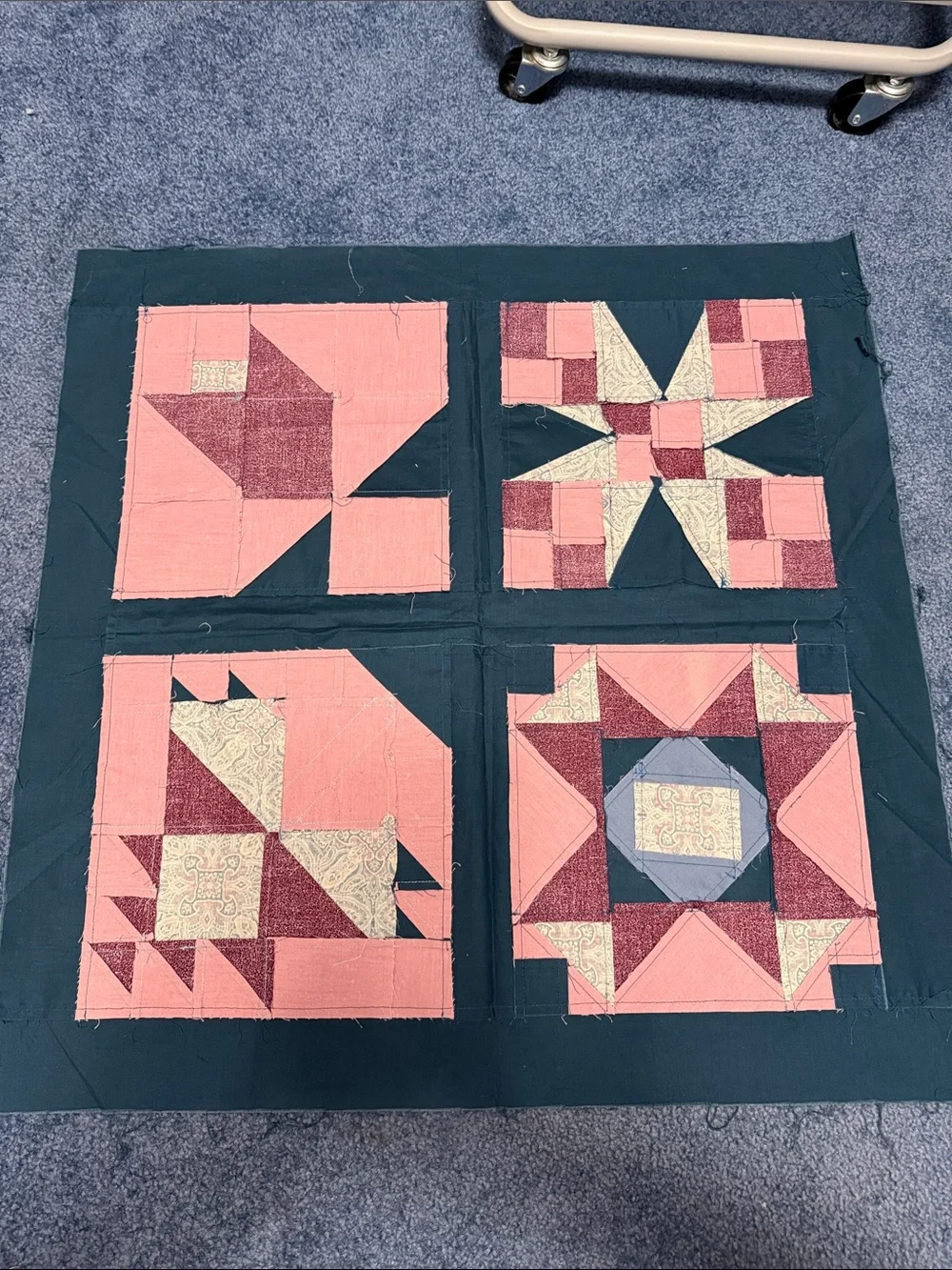 Source Unknown Patchwork Quilt Panel in Teal, Coral and Rust 28X28